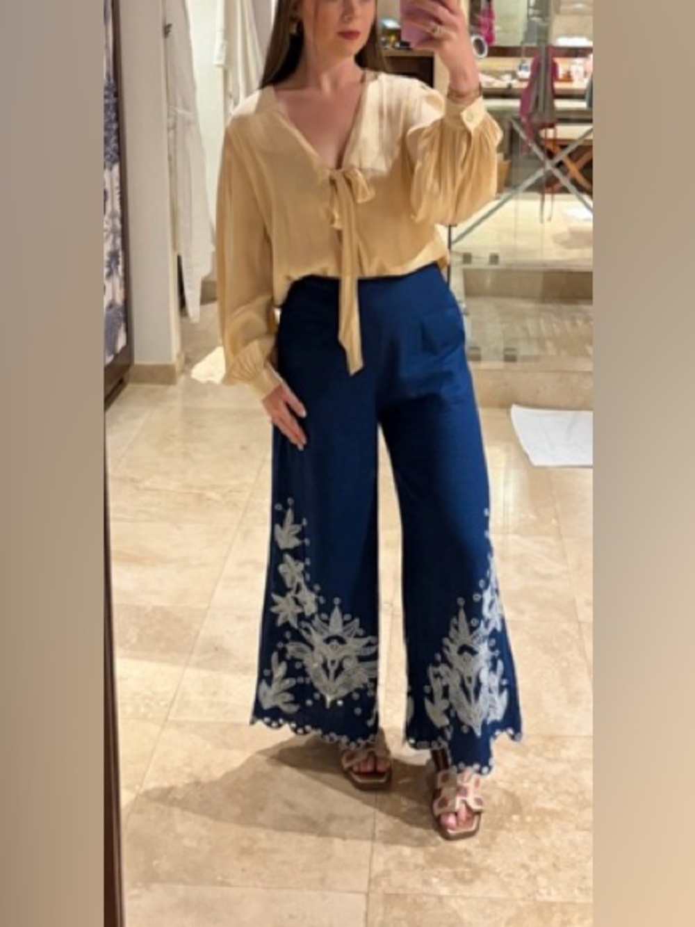 FARM Rio Linen Blue Wide-Leg Embroidered Crop Pants - Picture 7 of 7
